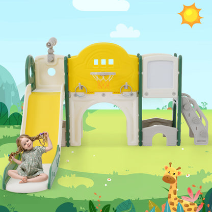 10 in 1 Kinderrutsche Kletterspielzeug, Multifunktionsrutsche Rutschen, freistehende Rutsche, Klettern, Bohrspiel, Stauraum, Spielkorridor, Basketballkorb, Lasso-Spiel, Reißbrett, Golfspiel, Teleskop