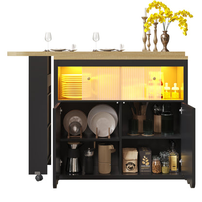 Ausziehbarer Bartisch 135-205cm mit LED & USB, Mobiler Hochtisch Schwarz, Teleskop-Kücheninsel mit Glas-Schiebetür & Soft-Close, Gestreift