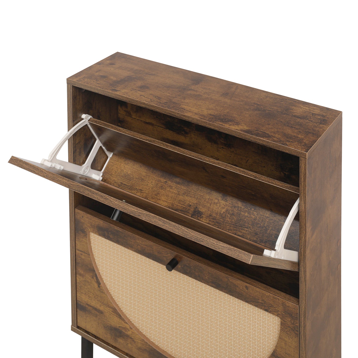 Schuhschrank mit zwei Türen, austauschbaren halbrunden Türfronten und Rattan-Oberfläche, geeignet für den Eingangsbereich und andere Szenen, Vintage-Braun