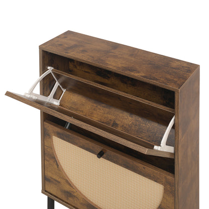 Schuhschrank mit zwei Türen, austauschbaren halbrunden Türfronten und Rattan-Oberfläche, geeignet für den Eingangsbereich und andere Szenen, Vintage-Braun