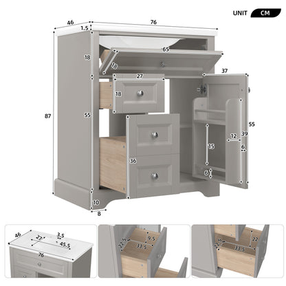 76x46x87cmBodenstehender Badezimmerschrank mit Waschbeck, Waschtisch, feuchtigkeitsbeständig lackiert, Soft-Close-Schubladenführungen, Türregale,ausklappbare Schublade,verstellbare Ablagefläche, grau
