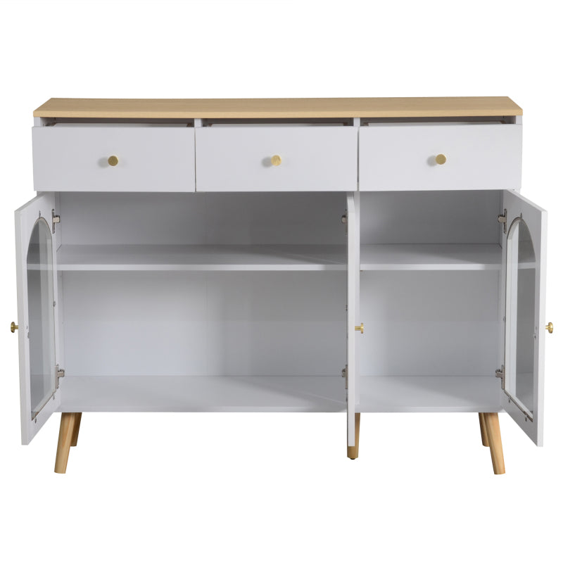 Sideboard mit 3 Schubladen und 3 gebogenen Türen mit breitem Schrank aus gehärtetem Glas für Buffettische in Küchen und Esszimmern, weiß und natur