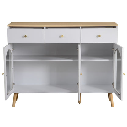 Sideboard mit 3 Schubladen und 3 gebogenen Türen mit breitem Schrank aus gehärtetem Glas für Buffettische in Küchen und Esszimmern, weiß und natur