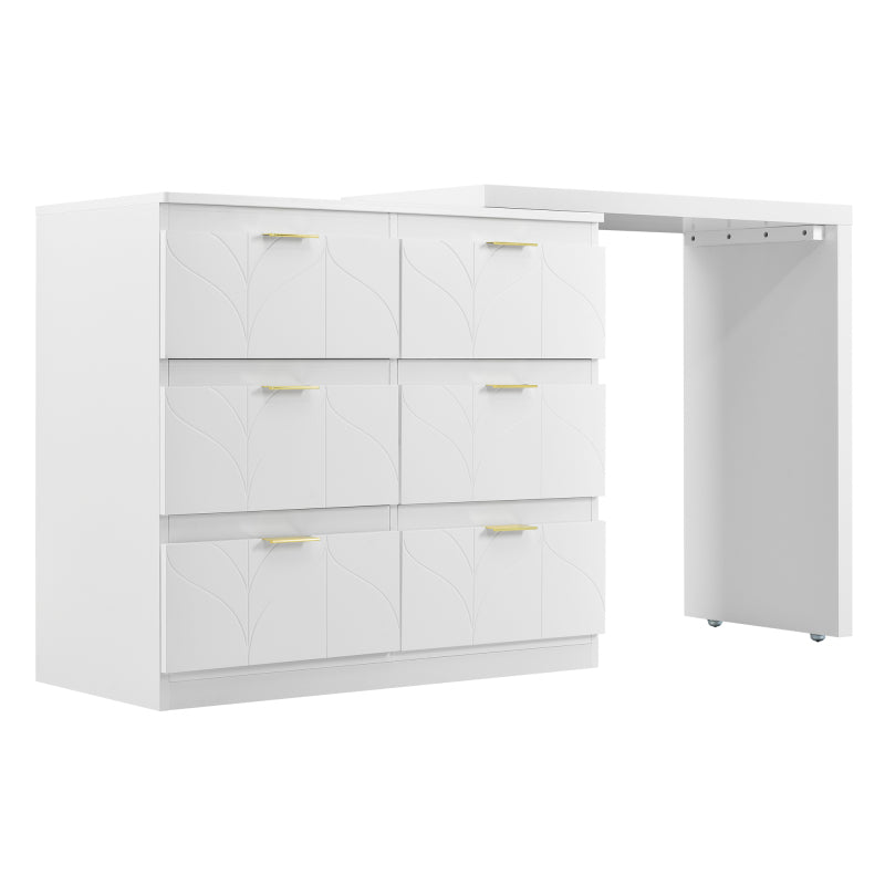 Schminktisch mit Beistelltisch,Bürotisch mit 6 Schubladen,Vergoldeten Griffen,drehbare Tischplatte(180°),lackiert,Blumenmuster,stoßfeste abgerundete Ecken,40T*73H,Weiß (ohne Spiegel und Hocker)