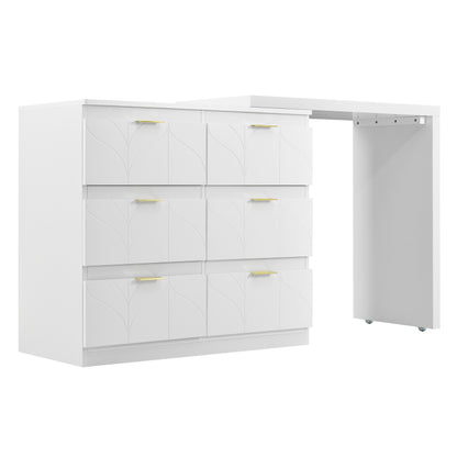 Schminktisch mit Beistelltisch,Bürotisch mit 6 Schubladen,Vergoldeten Griffen,drehbare Tischplatte(180°),lackiert,Blumenmuster,stoßfeste abgerundete Ecken,40T*73H,Weiß (ohne Spiegel und Hocker)