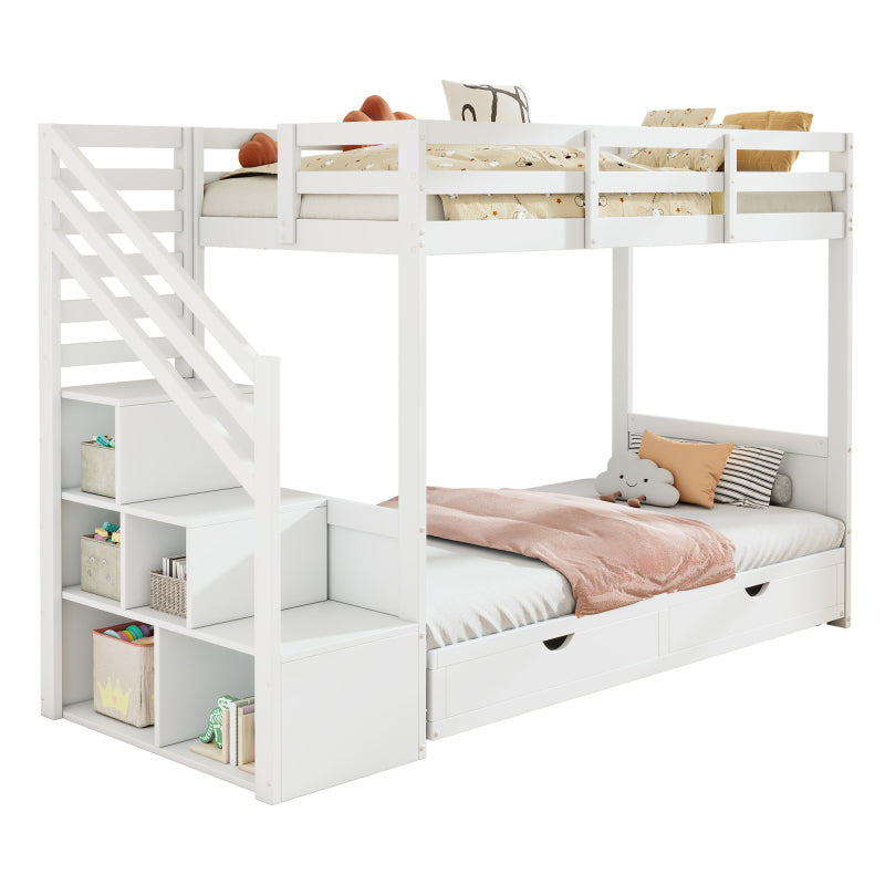 Kinder-Etagenbett, Doppelbett, multifunktionales Kinderbett,Mit Treppenschrank und 2 Schubladen, ohne Matratze, Die untere Ebene als Bett oder Sofa genutzt und enthält Kissen , weiß, 90*200