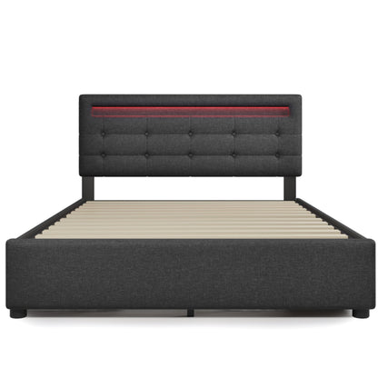 Polsterbett 140x200 cm Grau mit LED & 4 Schubladen - Doppelbett inkl. Lattenrost, Verstellbares Kopfteil & Stauraum (Ohne Matratze)