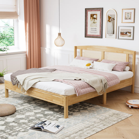 Doppelbett, Rattanbett, Jugendbett Erwachsenenbett 160X200cm, Rattannetzkissen, mit 15 Latten und Mittelfüße, Kiefer + PE-Rattan, Natur