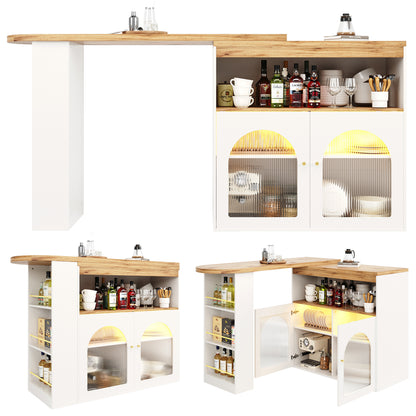 Bartisch ausziehbar 138-193cm, 360° drehbarer Stehtisch mit LED & Glasfront, Bistrotisch mit Regal, Esstisch mit Stauraum, Weiß