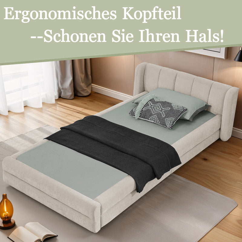 Einzelbett 90x200 cm, hautfreundlicher Chenille Stoff, komfortables Rückenlehne, auch als Kinderbett geeignet, Beige (ohne Matratze)