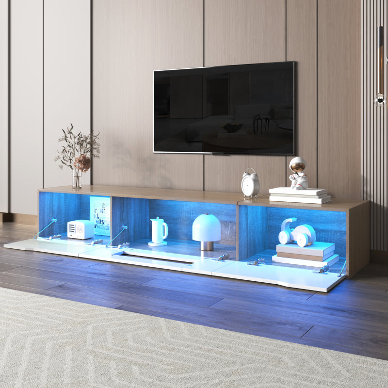 TV-Schrank, Hochglanz-TV-Schrank, farblich passend zu Hochglanz-Weiß und Holzfarbe, mit farbwechselndem LED-Licht.