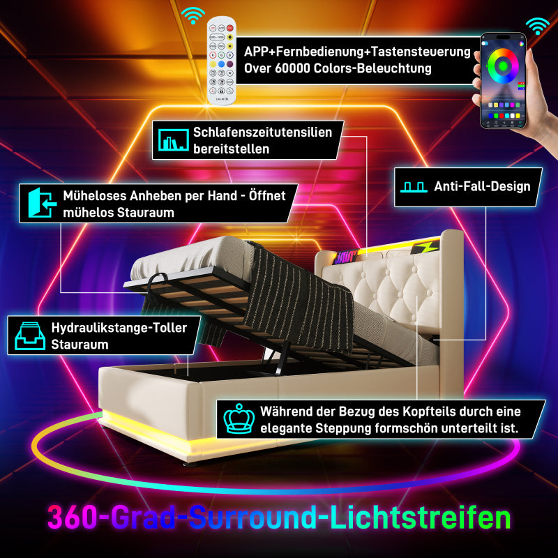 Polsterbett einzelbett, 360-Surround-LED-Funktion, Drucktaste/App/Fernbedienung, 90*200 cm, weiß PU-Material Hydraulisches Lagerbett, gepolstertes Kopfteil mit USB Typ-C Ladefunktion (Mit Matratze)