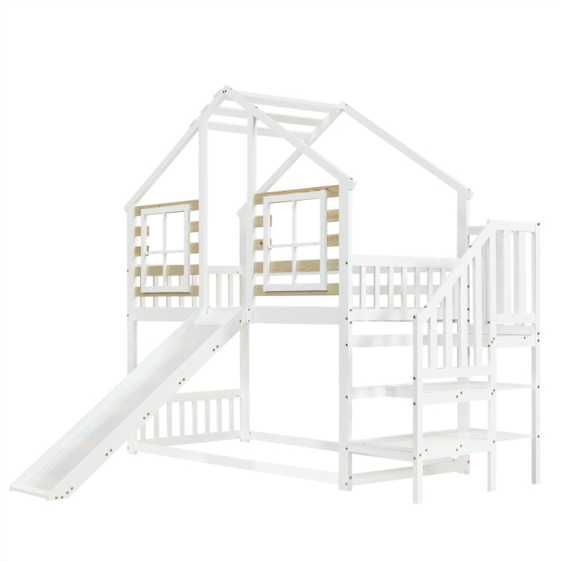 Etagenbett, Holzbett mit Treppe und Gitter, mit Rutsche und Fenster, Blockhaus Kinderbett mit Absturzsicherung, Bettrahmen aus Massivholz, Weiß(90x200 cm)