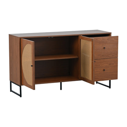 Sideboard mit 2 Rattan verzierten Türen und 2 Schubladen Kommode Küchenschrank, Mehrzweckschrank, Highboard mit Metallgriffe, für Schlafzimmer & Wohnräume & Büro