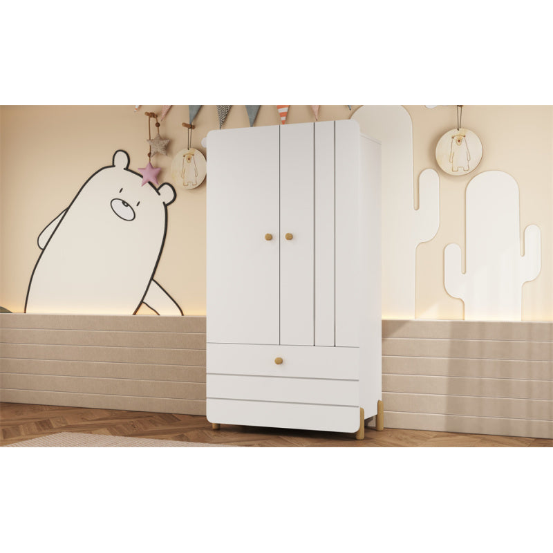 Geräumiger Kleiderschrank mit minimalistischen Linien und zarten holzfarbenen Füßen mit Staufächern, Schubladen und Kleiderbügeln, Farbblock-Design, Weiß