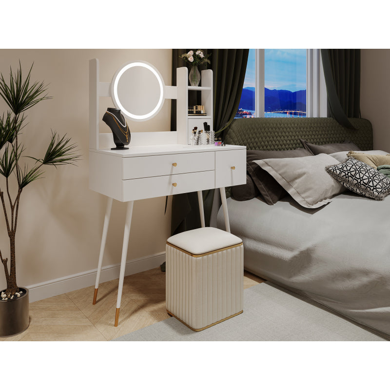 Schminktisch(Ohne Stühle), mit Spiegel einstellbare Helligkeit, mit 3 Schubladen, luxuriöses vergoldetes Zubehör, High-End Schminktisch mit mehreren Stauräumen, Weiß