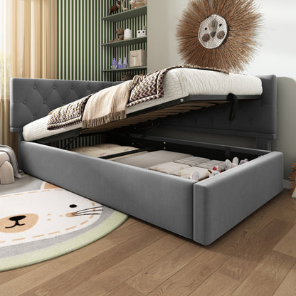 Polsterbett Tagesbett Daybett 90x200cm, Schlafsofa mit hydraulischem Stauraum, Kinderbett Jugendbett Bettgestell mit Lattenrost aus Holz, Samt, Grau, ohne Matratze.