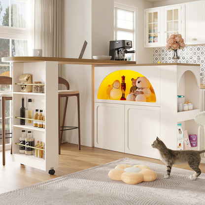 Ausziehbarer Bartisch 135-205cm mit LED & USB, Mobiler Hochtisch Weiß, Teleskop-Kücheninsel mit Stauraum & Soft-Close, Modernes Bogendesign