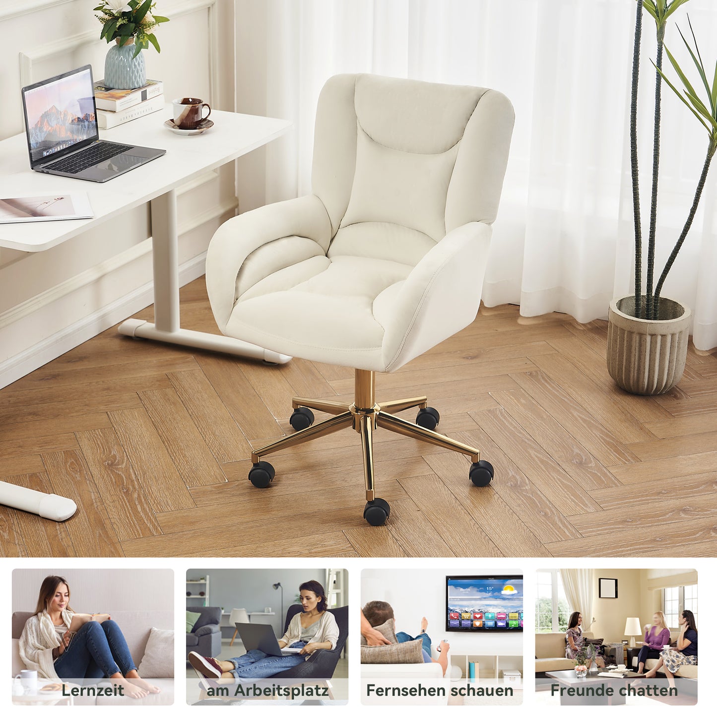 Full KD Velvet Stoffmaterial Höhenverstellbarer Drehstuhl für das Home-Office im Innenbereich mit goldenen Beinen, Elfenbein