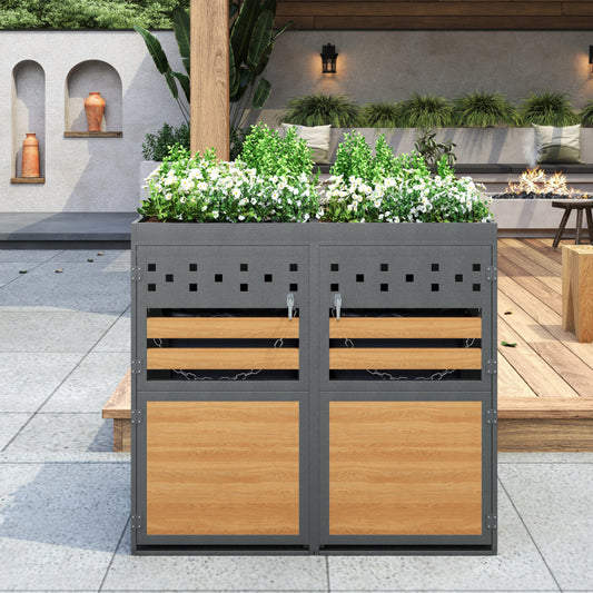 Mülltonnenbox 2er mit Pflanzdach, 120-240 Liter, Anthrazit  Tür in Holzoptik inkl. Erweiterungsmöglichkeit ,Aufbewahrungsbox für Mülltonnen, Müllbox (Das Produkt enthält keinen eingebauten Mülleimer)