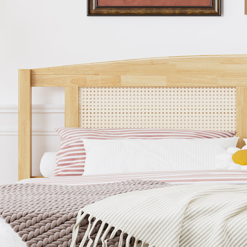 Doppelbett, Rattanbett, Jugendbett Erwachsenenbett 160X200cm, Rattannetzkissen, mit 15 Latten und Mittelfüße, Kiefer + PE-Rattan, Natur
