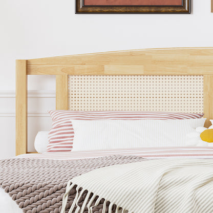Doppelbett, Rattanbett, Jugendbett Erwachsenenbett 160X200cm, Rattannetzkissen, mit 15 Latten und Mittelfüße, Kiefer + PE-Rattan, Natur