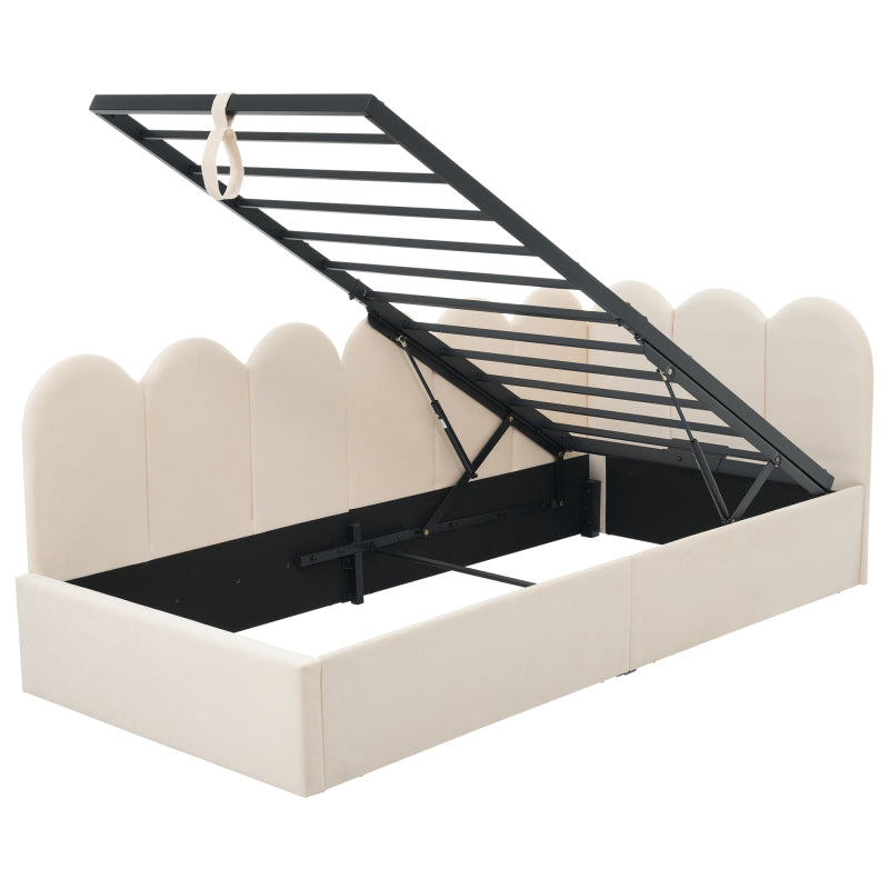 Polsterbett Daybett 90x190 cm,Tagesbett Schlafsofa mit hydraulischem Stauraum, Kinderbett mit Metall-Lattenrost, Samt, Beige, ohne Matratze