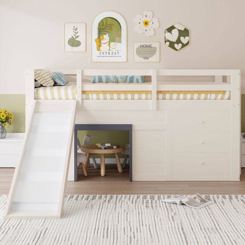 90 x 200 niedriges Hochbett mit Rutsche, drei Schubladen und zwei Türen, Creme