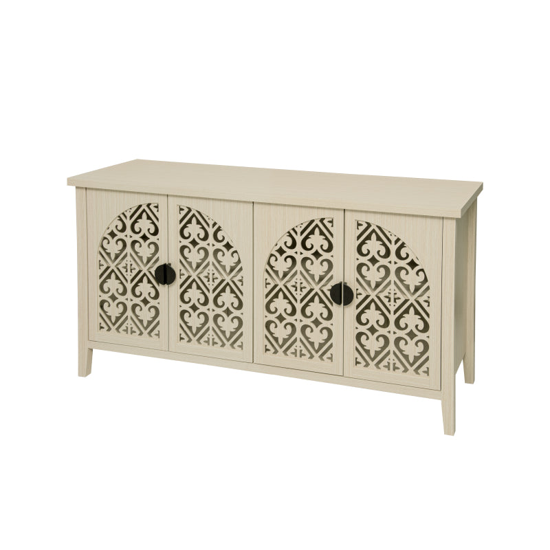 Natürliches Holzfarbener vier Türen Sideboard, mit geschnitztem und durchbrochenem Design, ausgestattet mit drei Einlegeböden. Geeignet für Wohnzimmer, Flur, Esszimmer und Küche.(147.6x40x80cm)