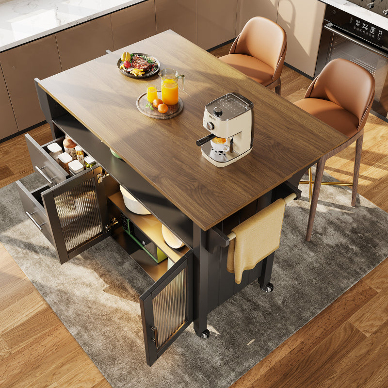 Kücheninsel mit herausnehmbaren Trennwänden, Speisewagen mit Arbeitsplatte, Buffetschrank, Speisewagen mit Glasvitrine in Holzmaserung, LED-Leuchten, seitlicher Handtuchhalter mit Rollen, Schwarz