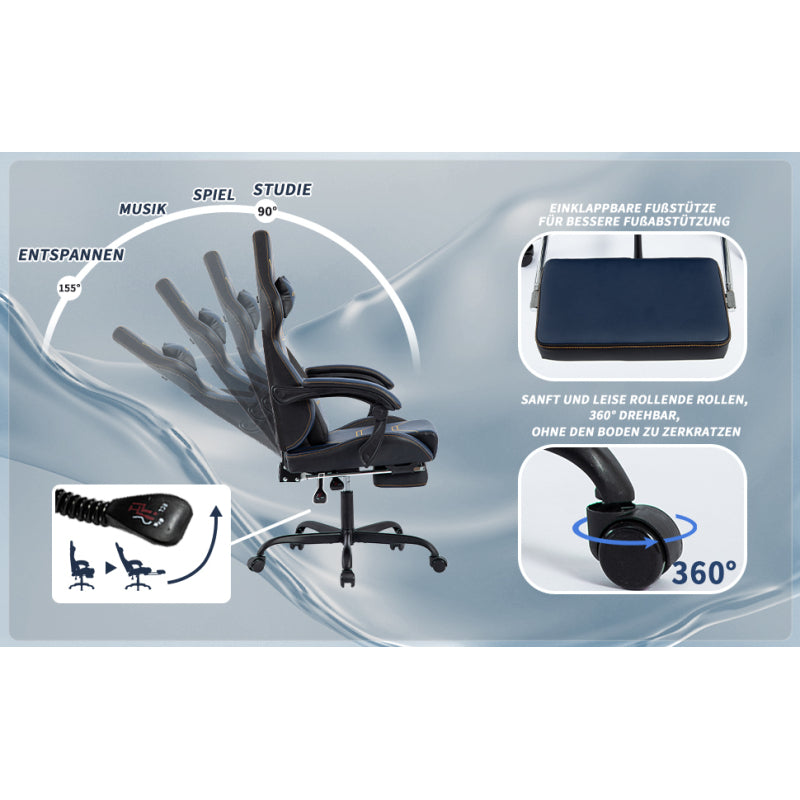 Gaming Stuhl Ergonomisch Gaming Chair Bürostuhl mit Fußstütze Racing Computerstuhl Höhenverstellbar Gepolstert Computerstuhl Lendenwirbelstütze Blau