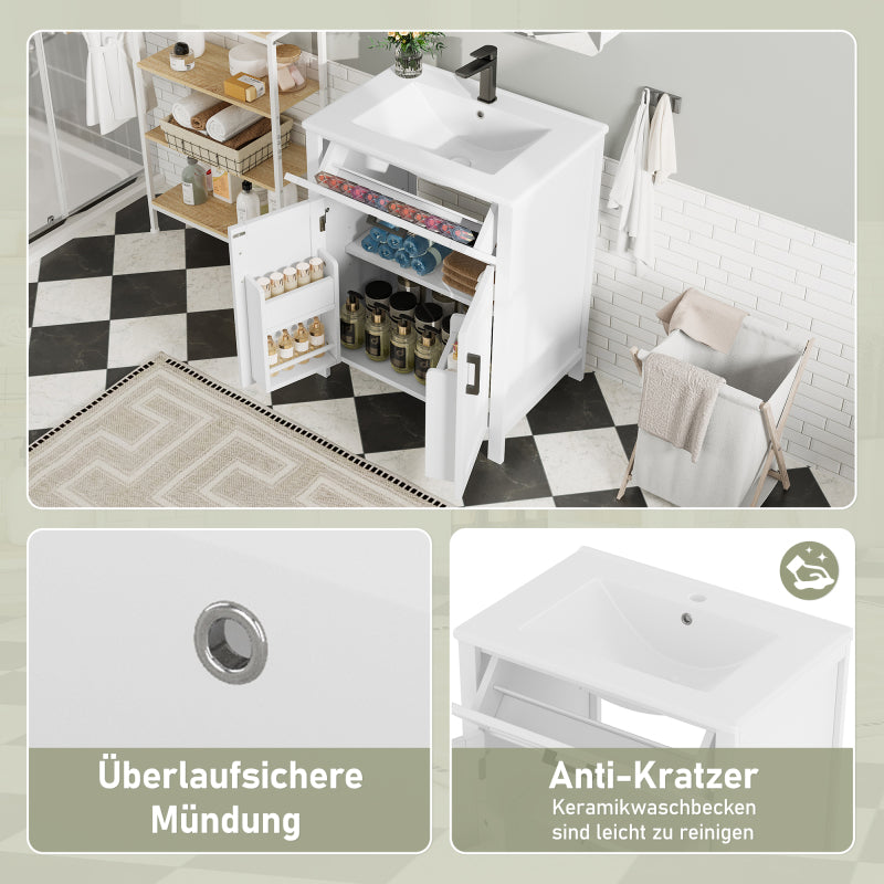 Bodenstehender Badezimmerschrank mit Waschbecken,Waschtisch,Volllackierung, integriertes Keramik Waschbecken, weiß