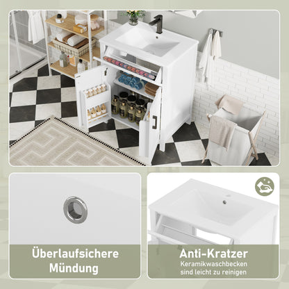 Bodenstehender Badezimmerschrank mit Waschbecken,Waschtisch,Volllackierung, integriertes Keramik Waschbecken, weiß