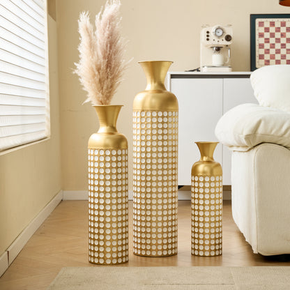 Bodenvase 3er Set Gold, Metallvase Punkte, Vintage Dekovase 83 cm, Übertöpfe groß, Standvase Gold