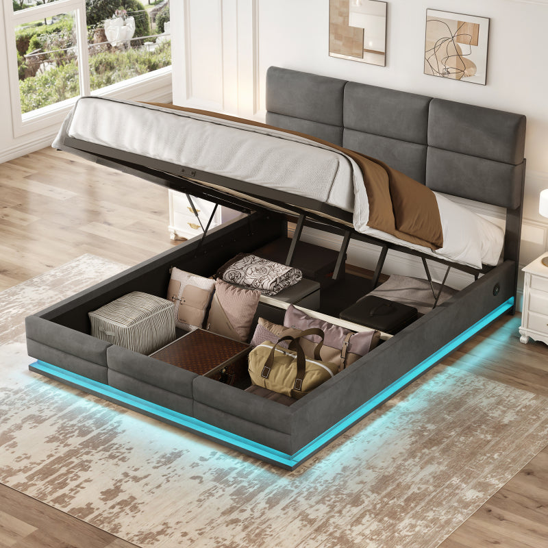 160 x 200 cm Bettgestell aus weichem Samt mit USB Type C Ladefunktion und LED Beleuchtung, Hydrauliksystem Stauraum Bettgestell aus Samtmaterial Jugendbett mit Lattenrost, Grau