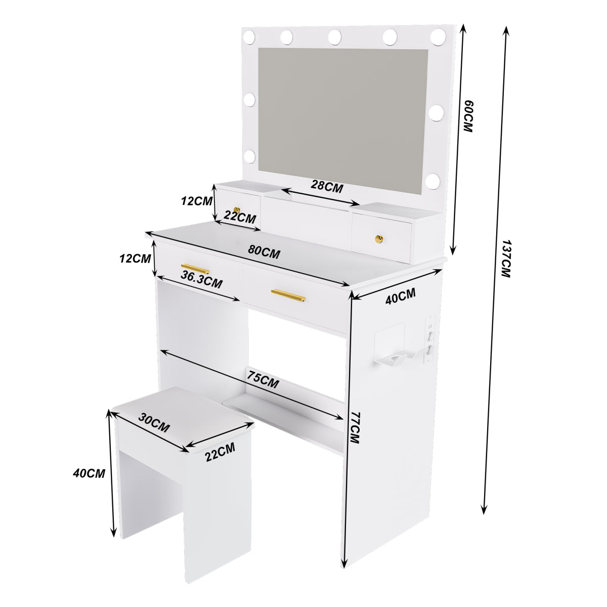 Schminktisch LED, 3 Stufen, Steckdose, 4 Schubladen, inkl. Hocker, Weiß