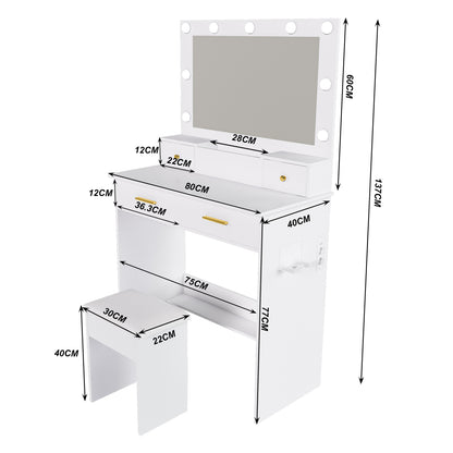 Schminktisch LED, 3 Stufen, Steckdose, 4 Schubladen, inkl. Hocker, Weiß