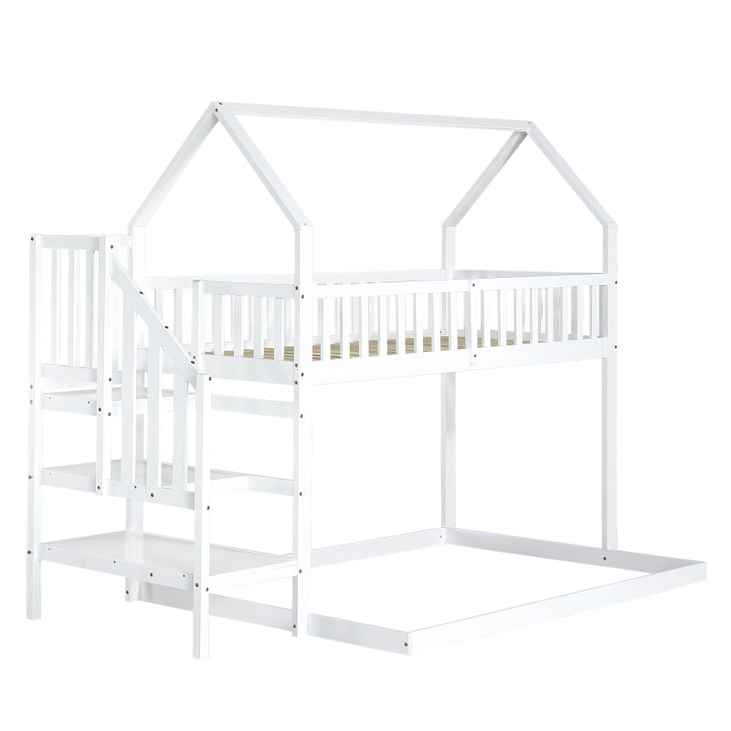 [29994142WAA]Etagenbett, Hausbett mit Treppe, Kinderbett mit Fallschutz und Gitter, Rahmen aus Kiefer, weiß (90x200&140*190cm)