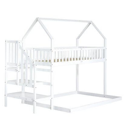 [29994142WAA]Etagenbett, Hausbett mit Treppe, Kinderbett mit Fallschutz und Gitter, Rahmen aus Kiefer, weiß (90x200&140*190cm)