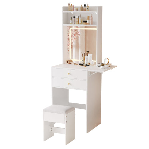 Schminktisch mit klappbarer Tischplatte, Frisiertisch Weiß 75cm, LED Spiegel (dimmbar, 3 Farben) & Stauraum