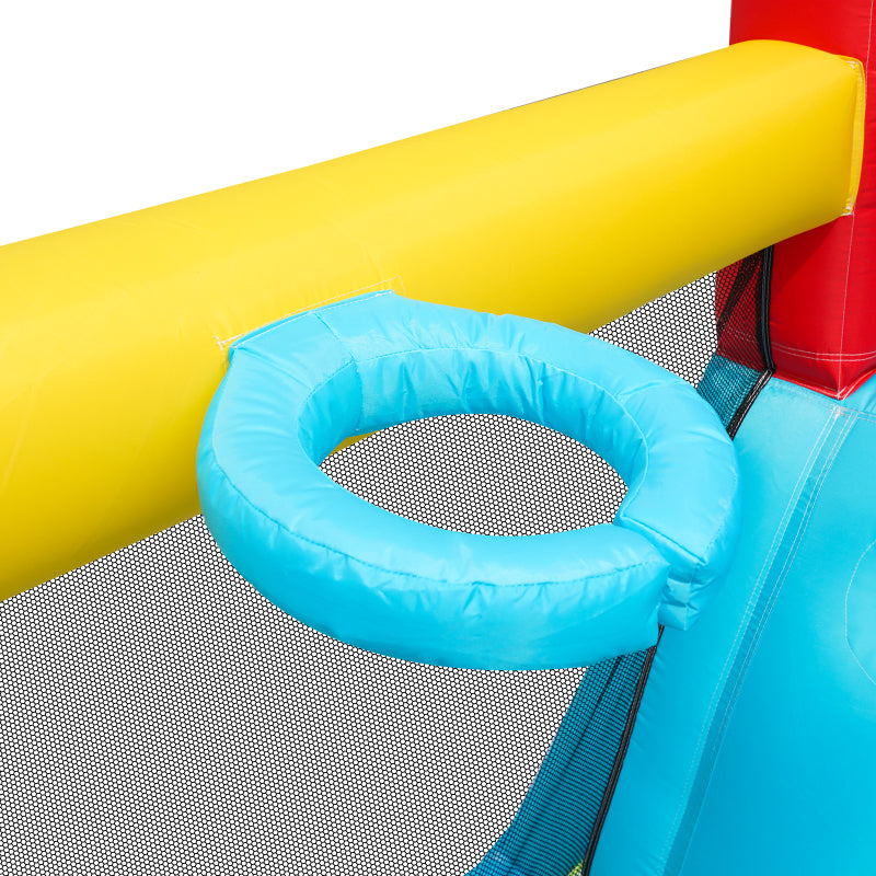 [Multifunktionale Outdoor-Hüpfburg] Mit Gebläse, Wasserrutsche + Trampolin + Basketballkorb + Wasserpistole, 2 Poolbereiche, 1 große und 1 kleine Rutsche, für trockene und nasse Nutzung, ein Wasserpar