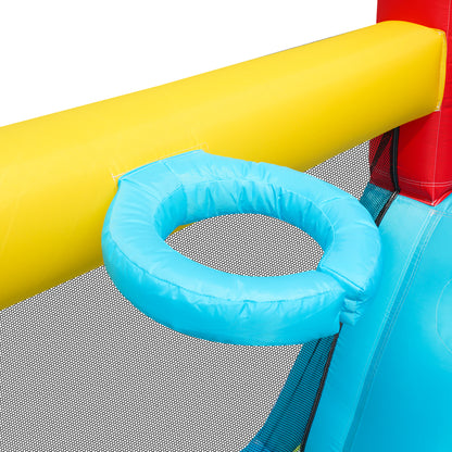 [Multifunktionale Outdoor-Hüpfburg] Mit Gebläse, Wasserrutsche + Trampolin + Basketballkorb + Wasserpistole, 2 Poolbereiche, 1 große und 1 kleine Rutsche, für trockene und nasse Nutzung, ein Wasserpar