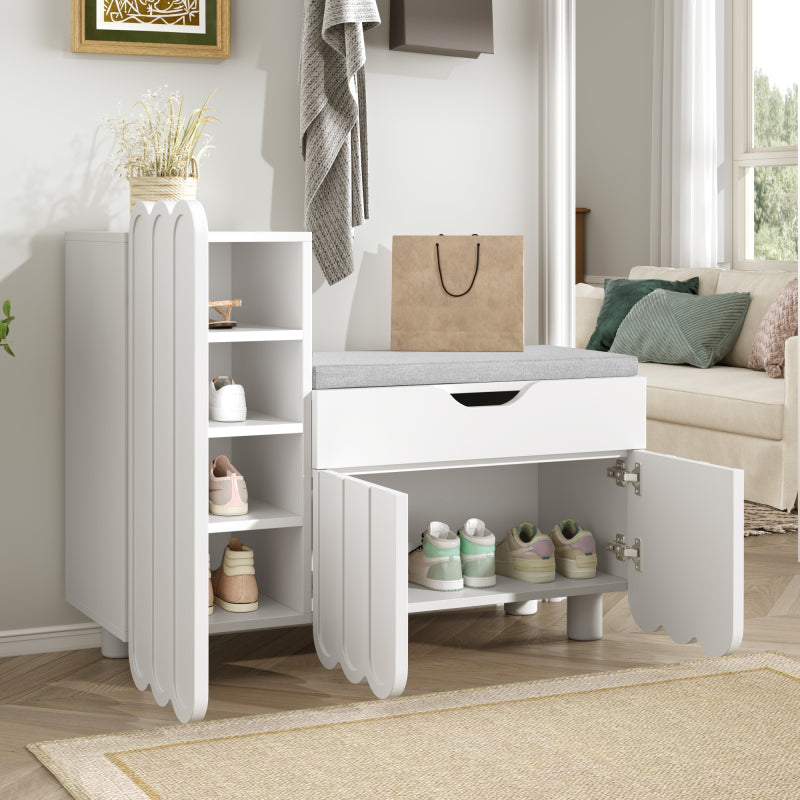 Moderner 3-Türen-Schuhschrank mit Schublade & Sitzpolster, Stilvolle Schuhbänke für Flur und Eingangsbereich, Weiß