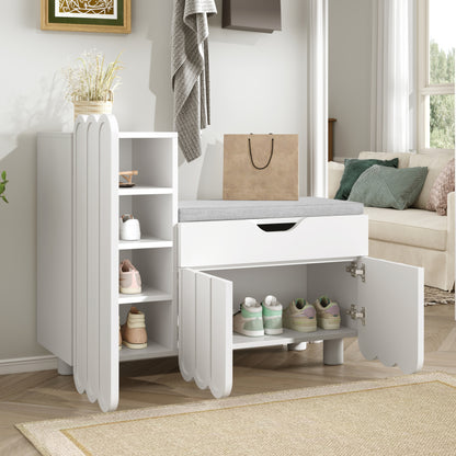 Moderner 3-Türen-Schuhschrank mit Schublade & Sitzpolster, Stilvolle Schuhbänke für Flur und Eingangsbereich, Weiß