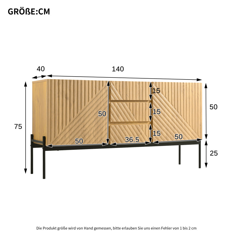 Sideboard mit 2 Türen und 3 Schubladen,Metallbeinen, TV-Schrank,Buffet, Kommode mit Linien-Design