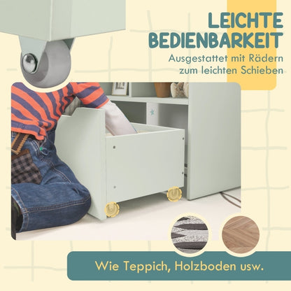 Kinder Bücherregal Kinderregal mit Schublade, 3 Ablagefächern und 2 offenen Fächern, Aufbewahrungsregal für Kinderzimmer, Spielzimmer, Hellgrün