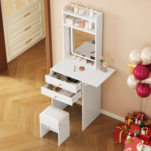 Schminktisch mit klappbarer Tischplatte, Frisiertisch Weiß 75cm, LED Spiegel (dimmbar, 3 Farben) & Stauraum