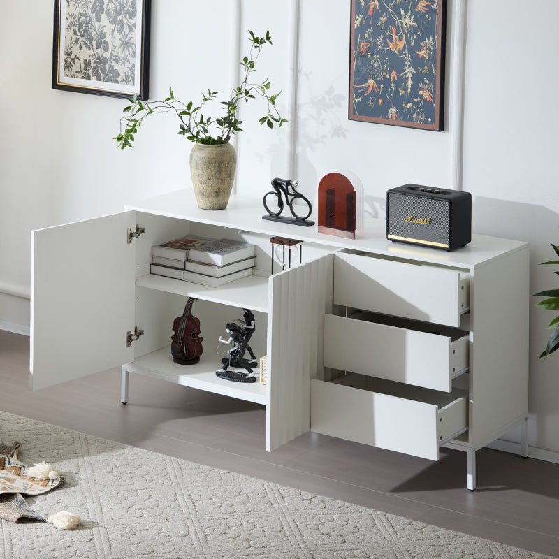 1.5m weißes modernes minimalistisches Sideboard, Aufbewahrungsschrank, Wellenmuster-Design, verstellbare Einlegeböden, 3 Schubladen, geeignet für Küche, Wohnzimmer, Korridor und andere Multi-Szene