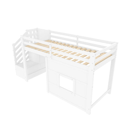 90x200 Hochbett mit Stauraumtreppe und Fenster, Weiß