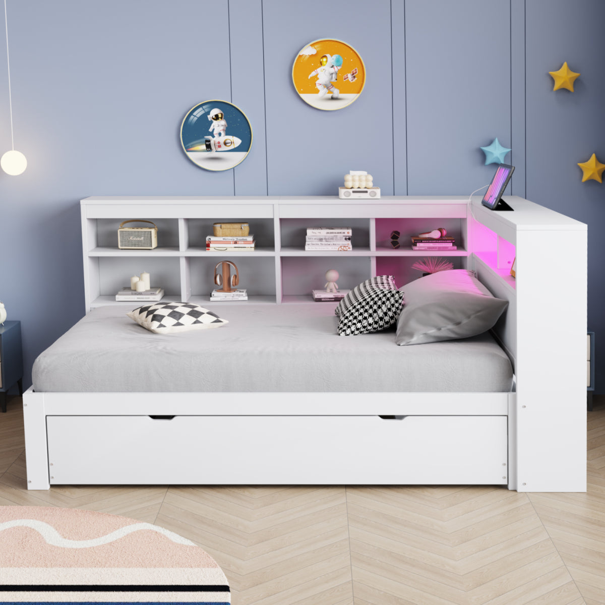 Massivholz-Einzelbett 90x200 Weiß mit Ausziehbett - Multifunktionales Schlafsofa inkl. LED, USB-Steckdose, Regalen & viel Stauraum, Weiß
